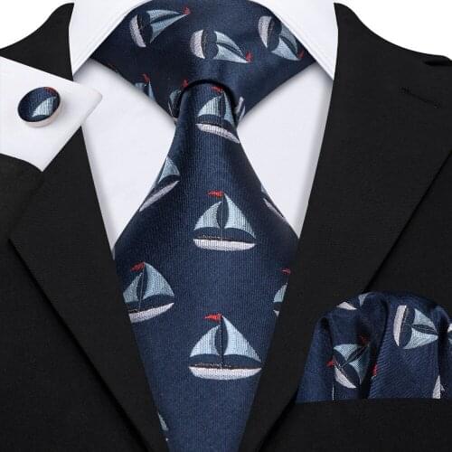 LS-5065 Sailboat Pattern Mens Tie 100% Silk Barry.Wang Animal Pattern Silk Ties For Men Wedding Business Party Brand Necktie Set