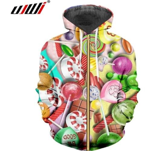 UJWI Man Zip Hoodies Casual Colorful Candy Couple Clothing Best Selling Mens Zipper Coat 3D Printed Creative Colored Lollipop