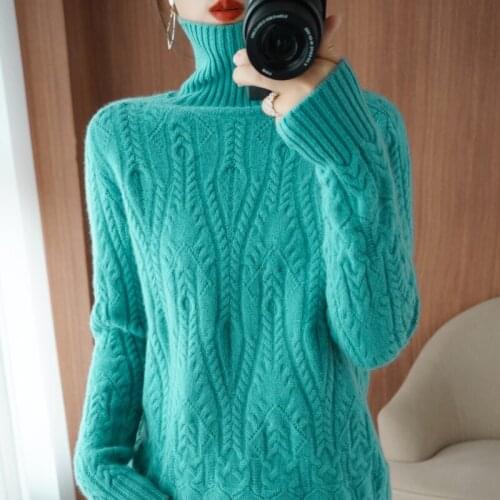 New Wool Cashmere Sweater Womens Autumn and Winter Warm High Neck Pullover Sweater Ladies Loose Knit Turtleneck sweater Selling