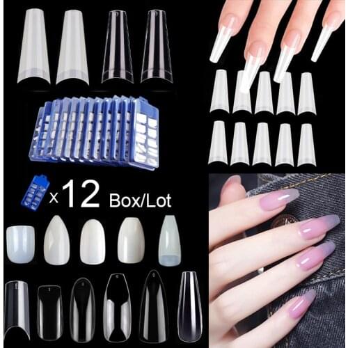 Wholesale 12 Boxes 100 Pieces Box New Half Cover Ballerina Coffin False Nail Tips Fake Nail Tips with 10 Size Fake Nails Set