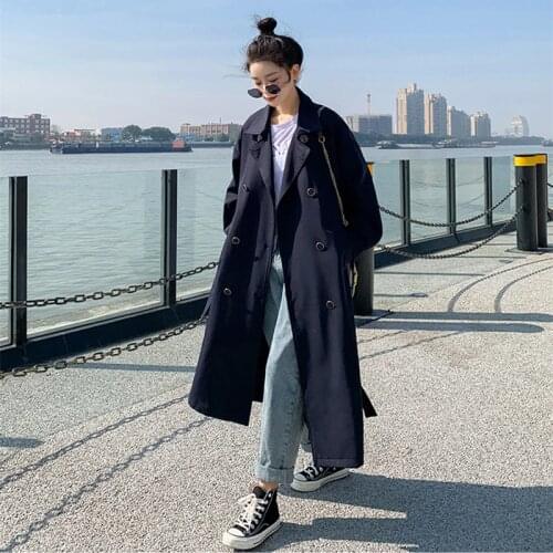 Women Trench Coat Casual Womens Long Outerwear Loose Overcoat with Belt Autumn Fashion Double-breasted Windbreaker Female 2021