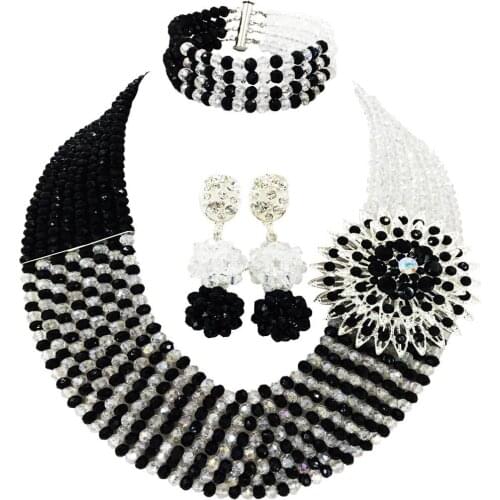 Lovely Black and Clear AB Crystal Beaded Necklace Sets Nigerian Wedding African Beads Jewelry Set for Woman 8JBK04