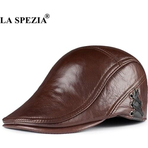 LA SPEZIA Men Autumn Winter Newsboy Hats Genuine Leather Cowskin Beret Hat Cabbie Duckbill Ivy Flat Cap Brown