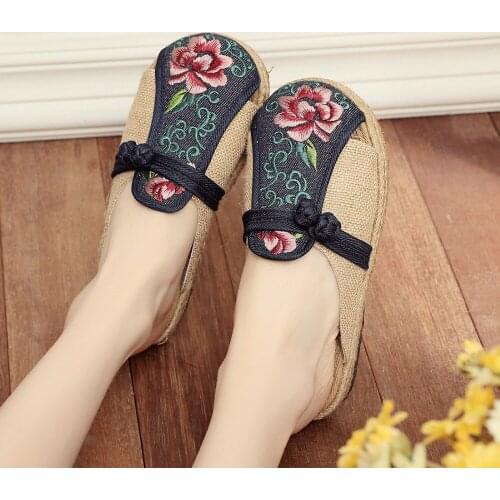 Japanese Style Toe Ladies Handmade Embroidered Cotton Linen Flat Shoes Women Comfortable Slide Espadrilles Hemp Slippers