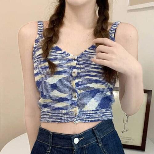 Women Button Down Camisole Female Tie Dye Print Sleeveless Spaghetti Strap Knit Crop Cami Tops
