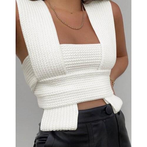 2021 Sleeveless Tie Strappy Knitted Crop Sweater Sexy Autumn Summer Fashion Vest Casual White Jumper Top Female Pullover Y2k