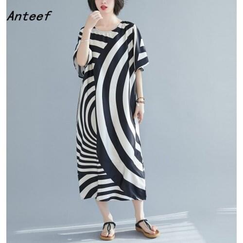Satin plus size vintage stripe women casual loose long summer beach sun dress elegant clothes 2021 ladies dresses sundress