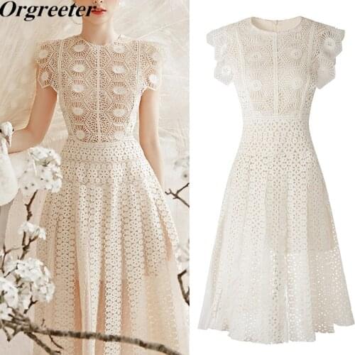 Wedding Party Lace Dresses Women Summer New High Quality Elegant Beige O-Neck Flying Sleeve Hollow Out Mesh Patchwork Dress