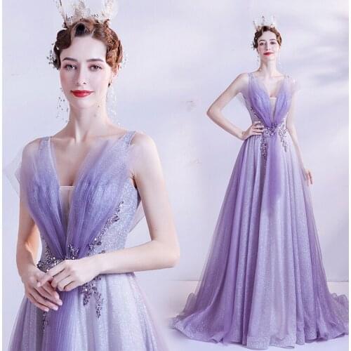 New purple sleeveless sweat sequined lady girl women princess prom banquet party ball dress gown training free shipping