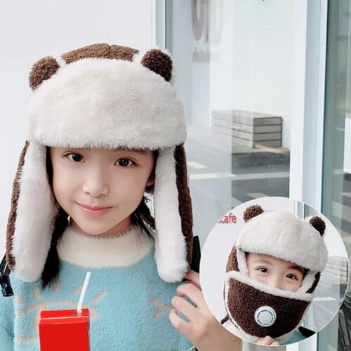 Winter Children Warm Thick Faux Wool Bomber Hat Cute Cartoon Plush Mask Lei Feng Bonnet Girl Outdoor Ski Ear Protection Face Cap