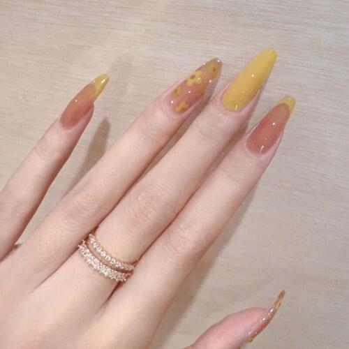 24pcs Fake Nails With Glue Daisies Printed Type Removable Long Paragraph Fashion Manicure Wearable False Nails Press On Design D