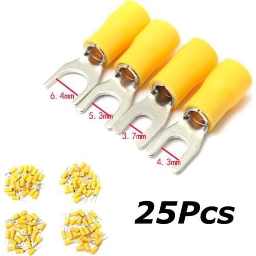 25pcs 22-16AWG 6.4m 5.3mm 4.3mm 3.7mm Yellow Insulated Fork Wire Connector Electrical Crimp Terminal