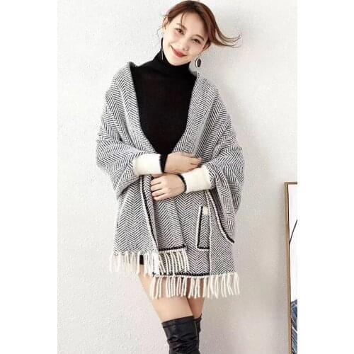 6 Color 2020 White Houndstooth Pattern Poncho Faux Mink Long Shawl Plus Size Outstreet Knitted Cardigan Tassel Capes With Pocket