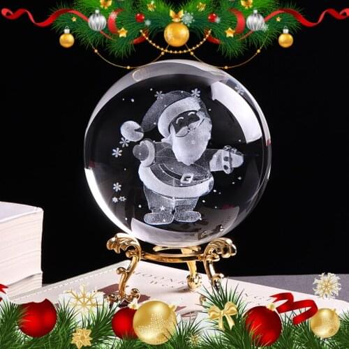 80mm Santa Claus Crystal Ball 3D Laser Engraved Miniature Glass Globe Christmas Decorations for Home Gift New Year Ornament