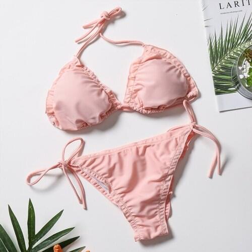 High Neck Bikini String Pink Swimsuit Peplum Ruffle Bathing Suit Vintage Sexy Swim Wear Bathing Suit Women Beachwear