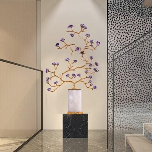 Large 85cm Luxtry Natural Amethyst Ornaments Home Room Villa Decor Brass Crafts Housewarming Hotel Opening Floor Sculpture Gifts