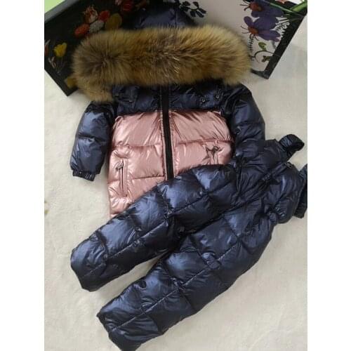 80cm -140cm 2021 Winter Jacket Children down jackets & PANT duck down Fur hooded girl snowsuit boy Suits set outerwear ski suit