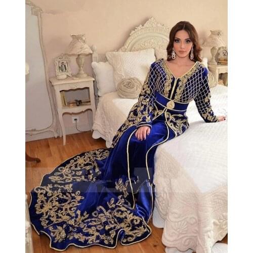 Designer Royal Blue Velvet Mermaid Evening Dresses Long Sleeves Gold Lace Plus Size Formal Karakou Algeria Caftan Evening Gowns
