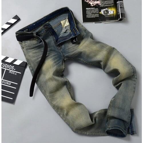 Mens Jeans Four Seasons Vintage Distressed Denim Pants Men Casual Slim Stretch Straight Jeans Full Length Trousers