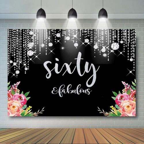 Sixty Birthday Backdrop Glitter Diamons Tassel Floral Photo Background Adults Fabulous 60th Birthday Party Decorations