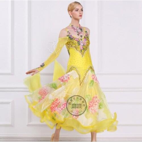 Customized ballroom dance dresses standard womens standard dance dresses waltz dresses party dress with yellow flower