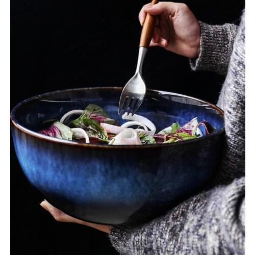 2400ml Super Big Salad Bowl Ceramic Blue Porcelain Dropping Bowl Wholesale Tableware Deep Bowl Deep Blue Big Capacity Bowl