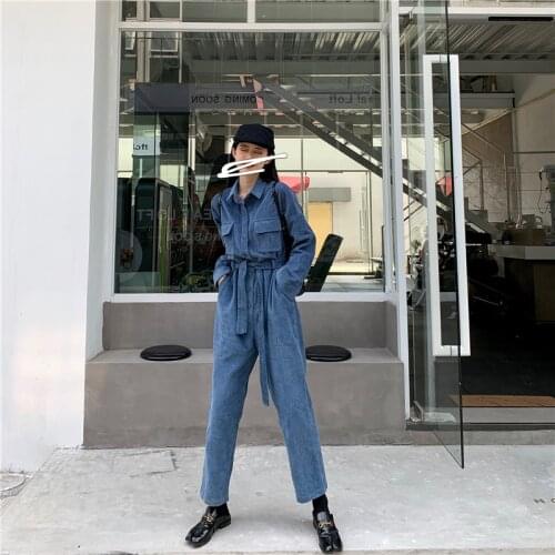 Cargos Cordurory Jumpsuit Long Sleeve Loose Fashion High Steet Belted Rompers Front Buttons Long Pants Overalls