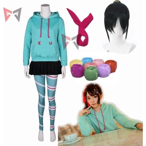 Halloween Ralph Cosplay Costume Vanellope Von Schweetz Game Anime Hoodies Skirt Pantyhose Hairband For Kids Girl Women