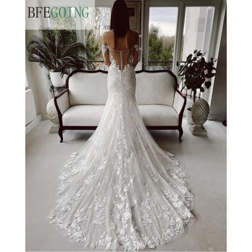 Ivory Lace Tulle Off The Shoulder Sweetheart Long Sleeves Floor-Length Mermaid/ Trumpet Wedding Dresses Chapel Train