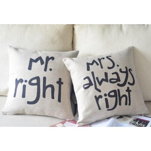 Free Shipping Mr Right and Mrs Always Right Linen Cushion Covers Pillow Cases Pillow cover 45x45cm 2pcs/lot MM002