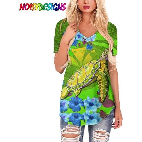NOISYDESIGNS 2021 Summer Top Female T-Shirt Fashion Short Sleeve Samoan Hibiscus Polynesian Tribal Turtle Design Clothes Women