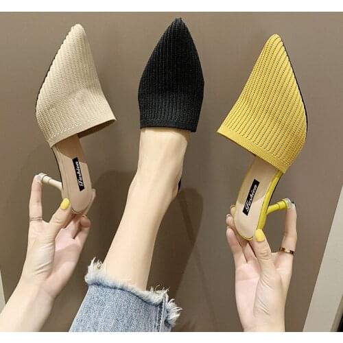 2021 New Slippers Womens Outer Wear Fashion Woven Retro Half Slippers Pointed Toe High-heeled Stiletto