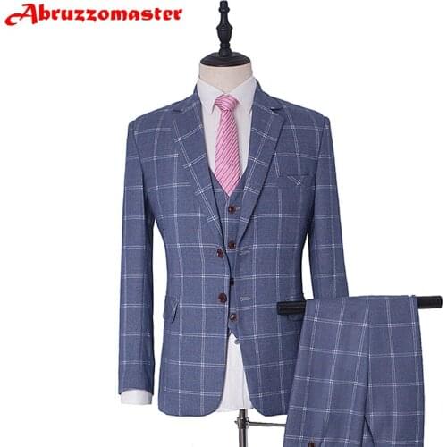 Single Breasted Dinner Suit wathet blue Wedding suit Tailor Suit Blazer Plaid Suit 2020 Groom Tuxedos (Jacket+pants +vest)