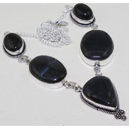 Black Onyx Necklace Silver Overlay over Copper , 50.3 cm, N0694
