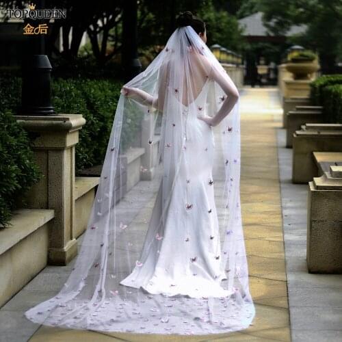 TOPQUEEN V24 Pink Bridal Veil Color Veil of the Bride 3D Simulation Butterfly Veil Medium-long Wedding Veil Long Soft VEIL Veu