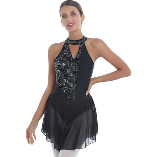 Adult Lyrical Ballet Leotard Dress Dance Practice Backless Asymmetrical Rhinestone Figure Skating Gymnastics Leotard Performance