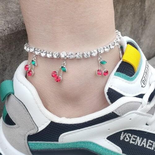 Cherry Anklet Rhinestone Crystal Ankle Boho Beach Iced Out Tennis Chain Anklets for Women Hip Hop Jewelry Sandals Foot Bracelets