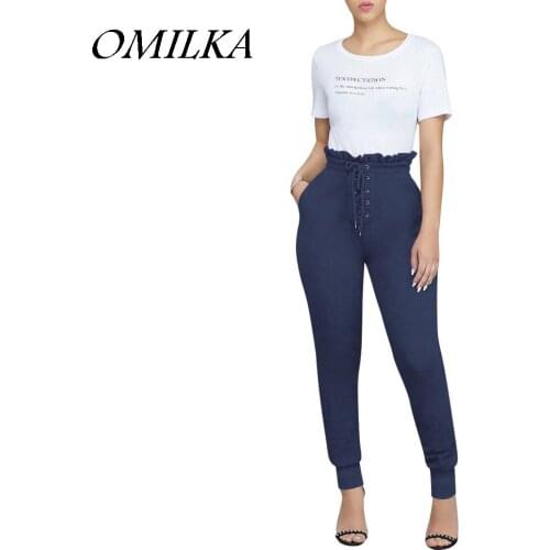 OMILKA 2018 Autumn Women High Waist Bandage Pencil Pants Sexy Black Blue Red Green White Navy Slim Club Street Skinny Long Pants
