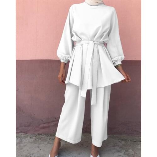 Muslim Clothing Womens Solid Color Long-Sleeved Shirt Wide-Leg Pants Suit Muslim Long-Sleeved Shirt Two-Piece Islamic Clothing