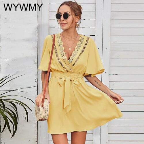 WYWMY Sexy Summer Women Dress 2021 New Hollow Boho Dress Womens Deep V-Neck Yellow Blue Pink Green Bohemian Dress Robe Femme