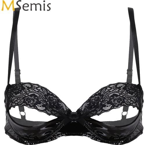 Womens Erotic Lingerie Bra Top See Through Underwear Sleepwear Lace Splice Patent Leather Unlined Cup Hot Sexy Bra Top for Sex