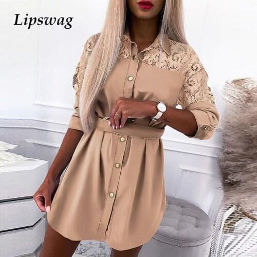 Women Elegant Patchwork Sequin Dress 2020 Autumn Turn-Down Collar Long Sleeve Shirt Dress Ladies Sexy Button Mini Dress Vestidos