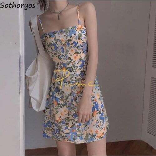 Sleeveless Dress Women Design Bow Backless Elastic Waist Floral All-match Students Sweet Slim Sexy Button Adjustable Korean Ins