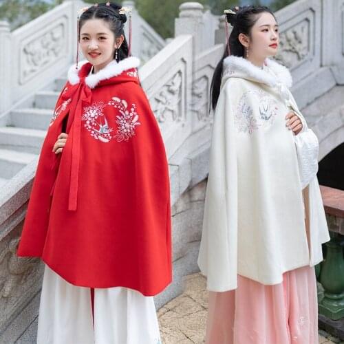Winter new Chinese style magpie embroidered medium length woolen windbreaker Han suit female rabbit hair collar Cape