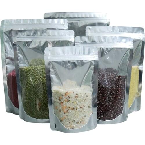 100Pcs Clear Silver Mylar Foil Zip Lock Stand Up Bag Self Grip Seal Tear Notch Doypack Reclosable Food Candy Tea Coffee Pouches