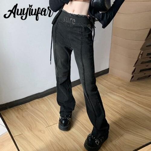 Auyiufar Fairy Grunge Solid Letter Print Flare Trousers Frayed Rhinestone Hollow Out Retro Jeans Pants Streetwear Y2k Long Pants