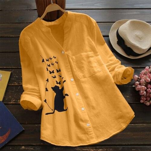 Cat Printed Blouse Women Cotton linen Long Sleeve Casual Shirt Blusa Button V-Neck Womens Tops and Blouses Camisa Feminina