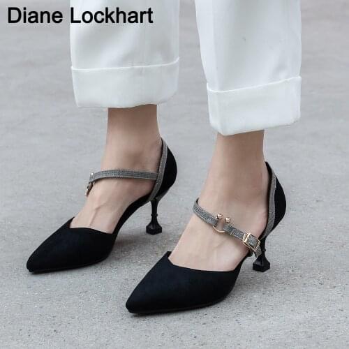 Plus size 31-43 Fashion Women Pumps Sandals Flocked Thin High Heels Summer Pointed Toe Shoes Female Elegant Buckle heels 2020