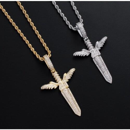 Trendy Rapper 21 Savage Angel Wings Sword Hip Hop Gilded Iced Out Cubic Zircon Pendant Necklace 24'' Chain Charms Bling Jewelry
