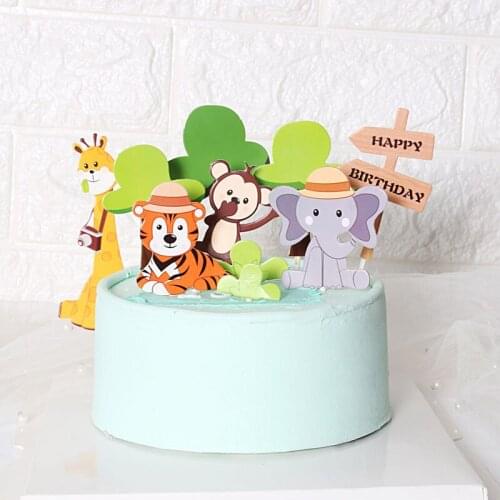 Jungle Theme Birthday Party Zoo Cute Animal Cake Toppers For Kid`s Happy Birthday Decoration Monkey Tiger Cupcake Toppers